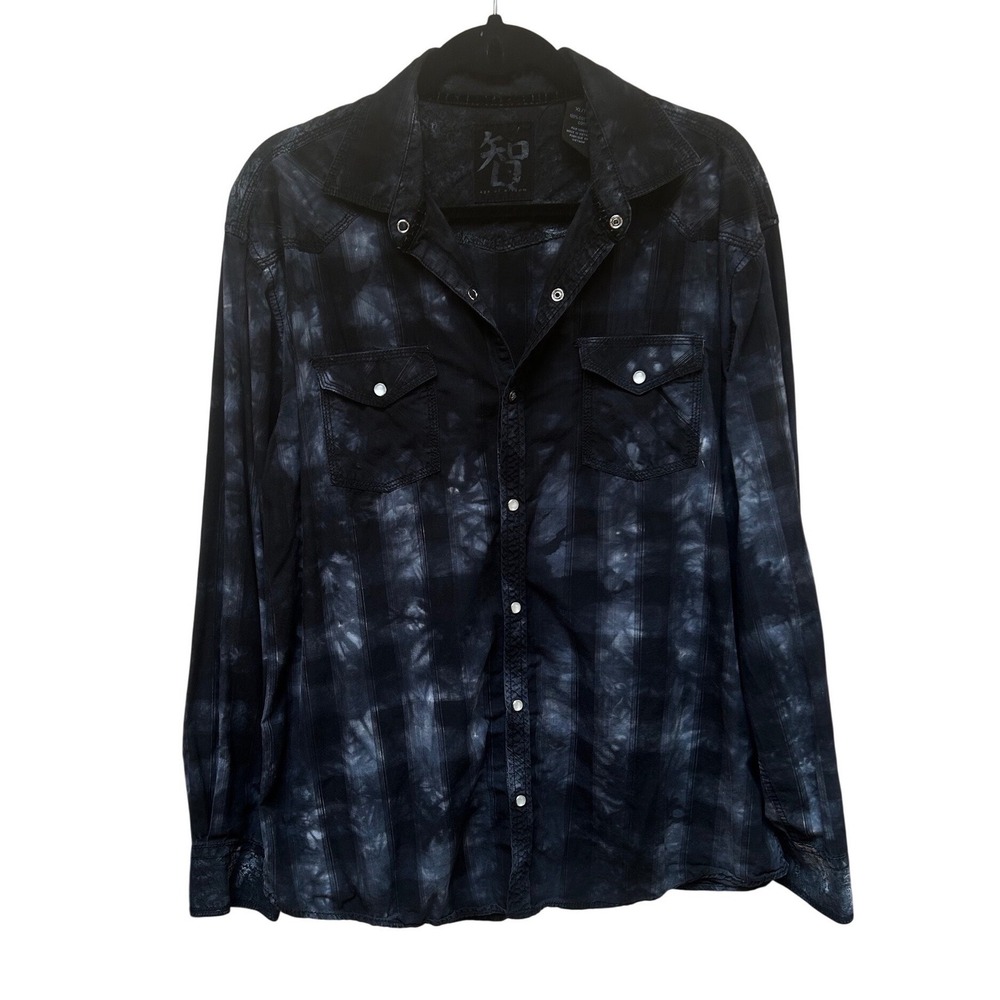 Age of Wisdom Mens XL Western Snap Shirt‎ Tie Dye Plaid Black Grey Paisley Yoke - Picture 3 of 9